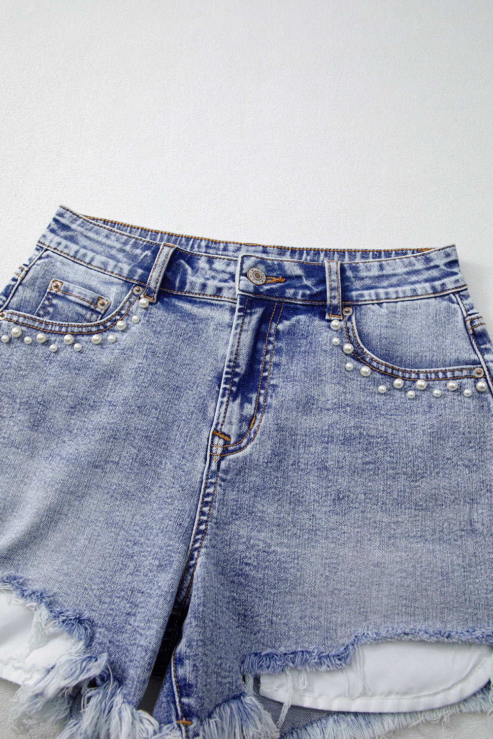 Beau Blue Pearl Studded Pockets Raw Hem Denim Shorts eAura