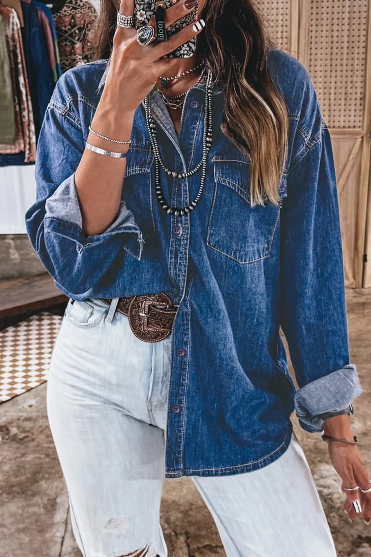 Western Patch Pockets Tunic Length Long Sleeve Denim Shirt – Sail Blue