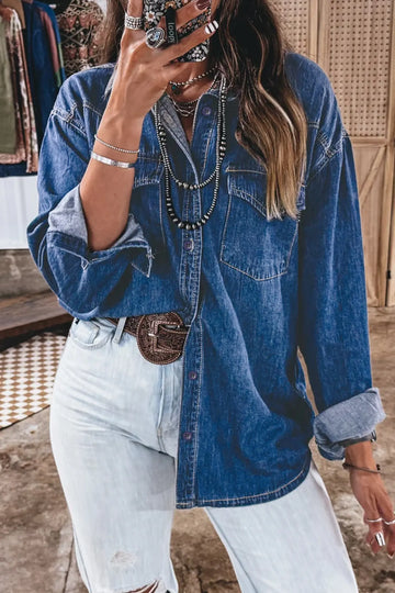 Western Patch Pockets Tunic Length Long Sleeve Denim Shirt – Sail Blue