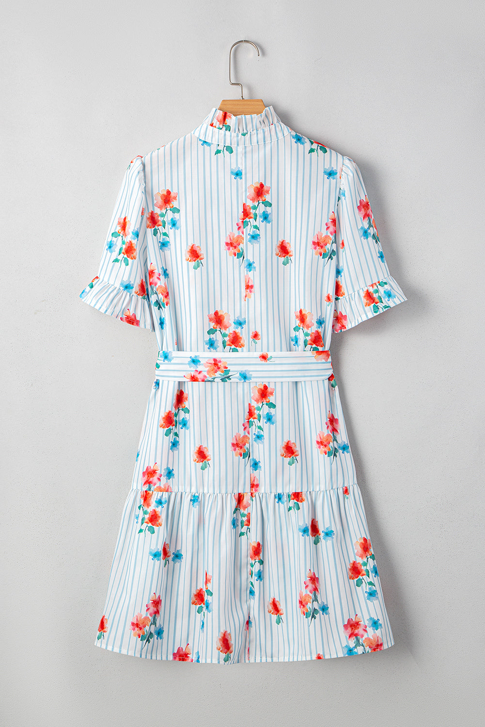 Sky Blue Stripe Floral Pattern Ruffle Short Sleeve Belted Mini Dress eAura