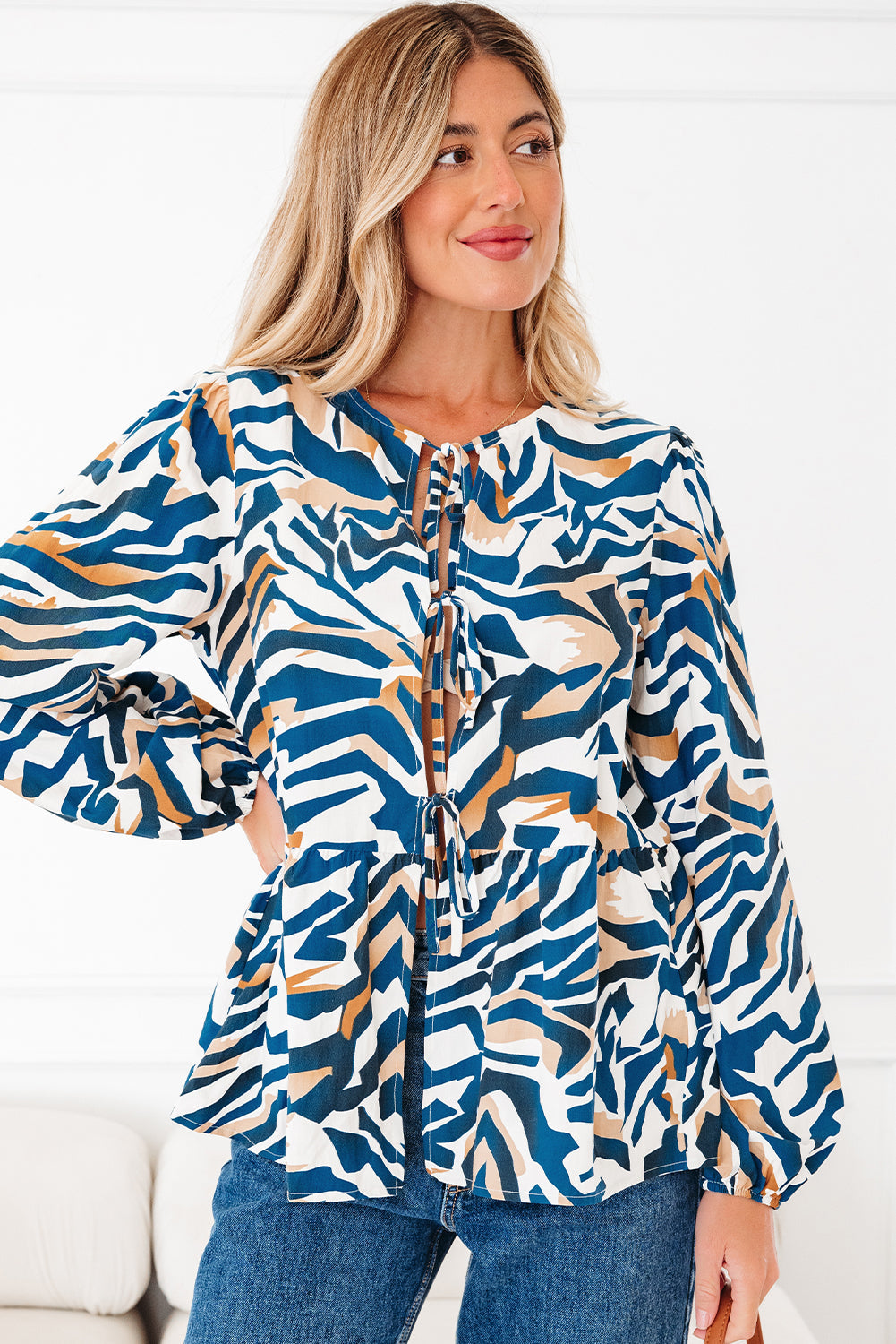 Zebra Print Tied Front Puff Sleeve Top - eAura