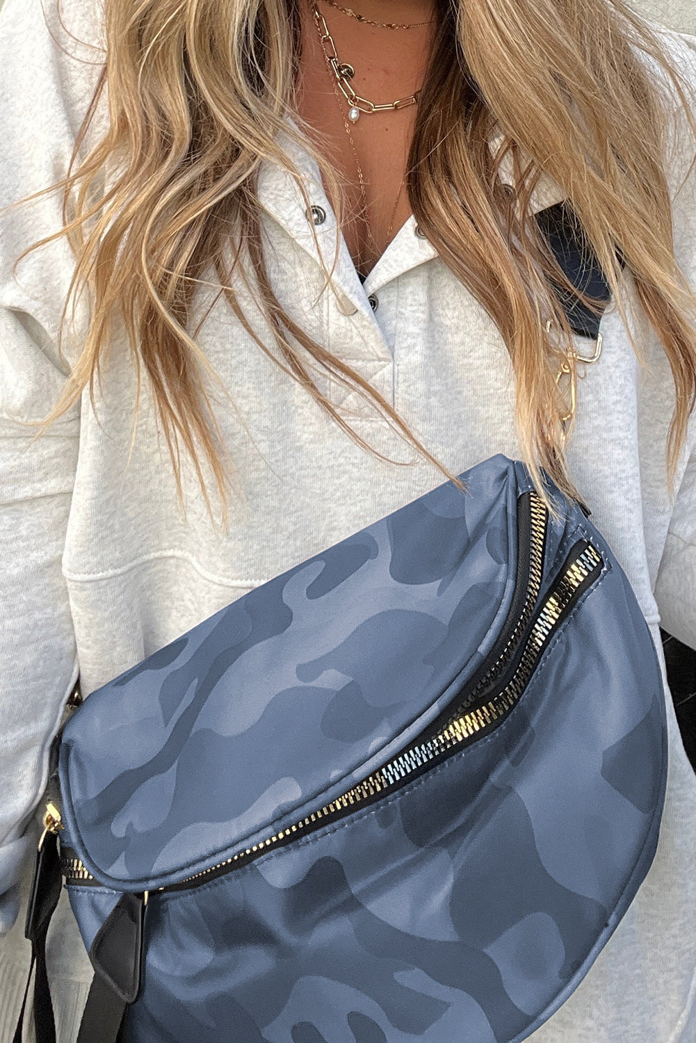 Black Camouflage Print Double Zipper Crossbody Bag
