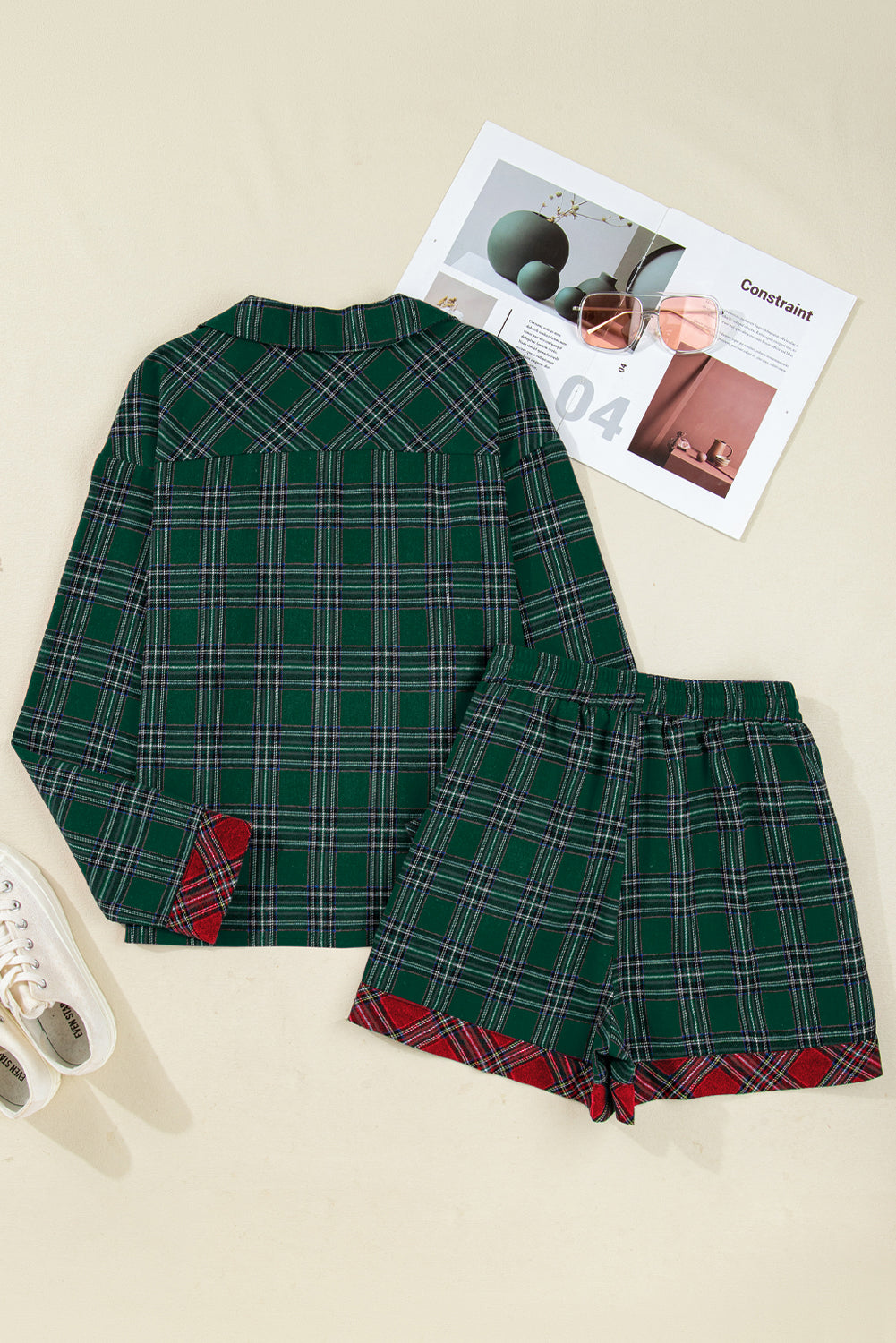 Plaid Contrast Christmas Holiday Long Sleeve Shirt and Shorts Pyjamas - eAura