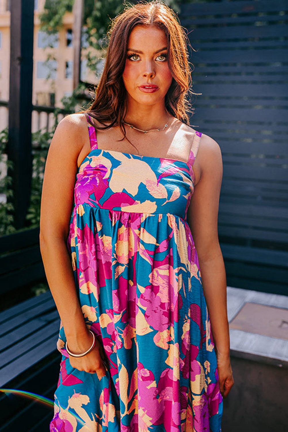 Dark Blue Floral High Waist Sleeveless Flared Long Dress eAura