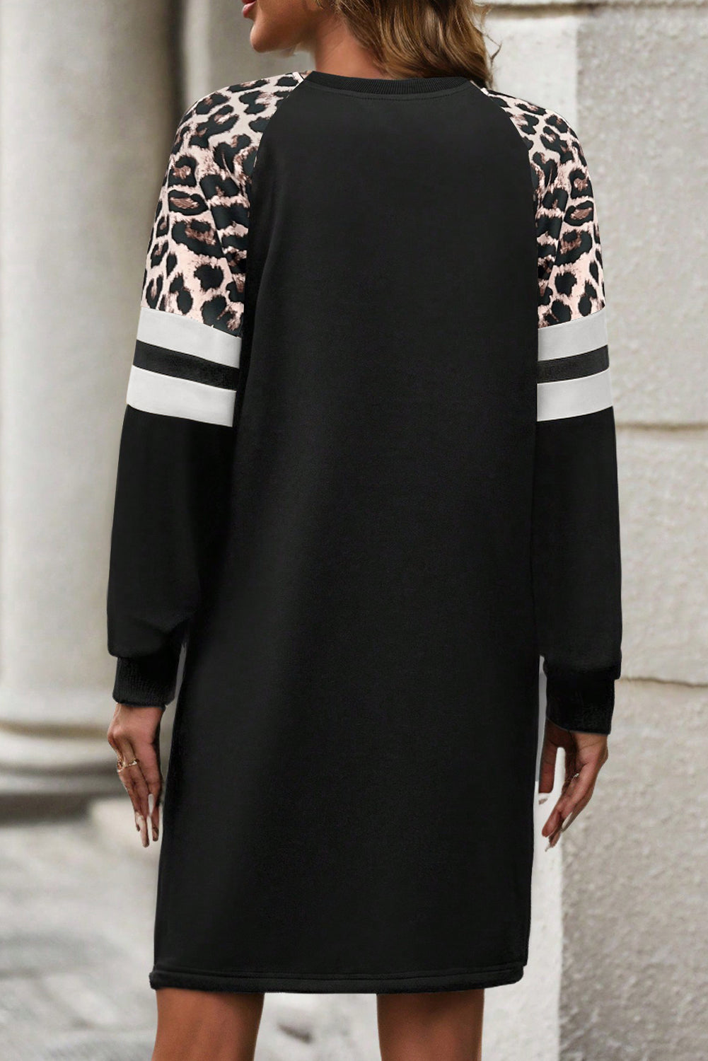 Leopard Print Patchwork Varsity Raglan Sleeve Sweatshirt Dress - eAura