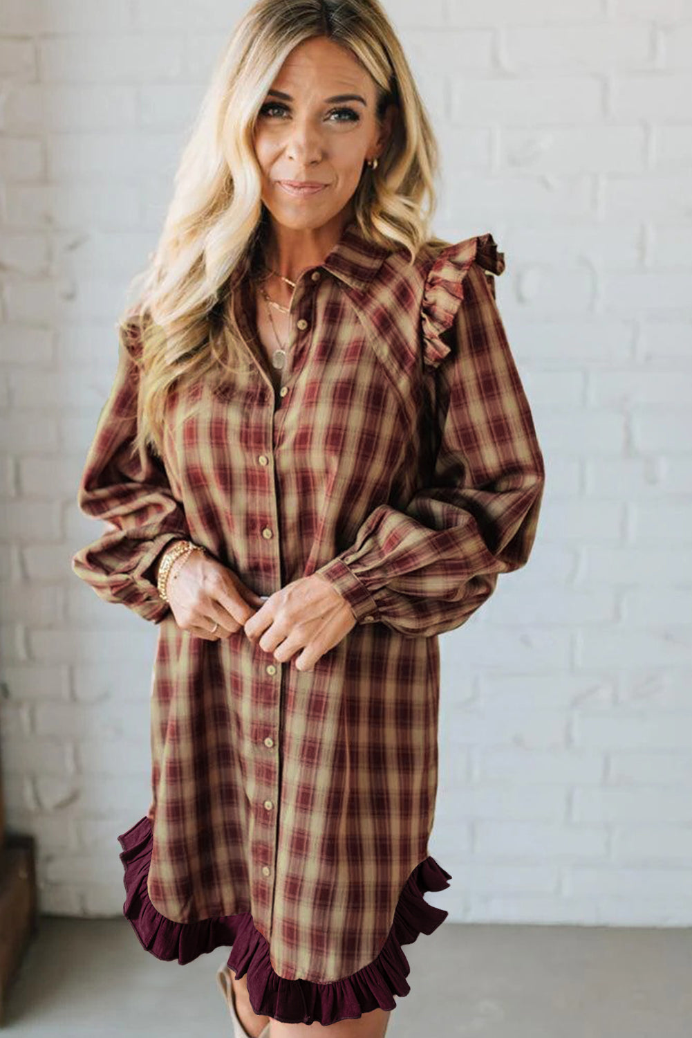 Plaid Print Ruffled Long Sleeve Hem Mini Shirt Dress - eAura