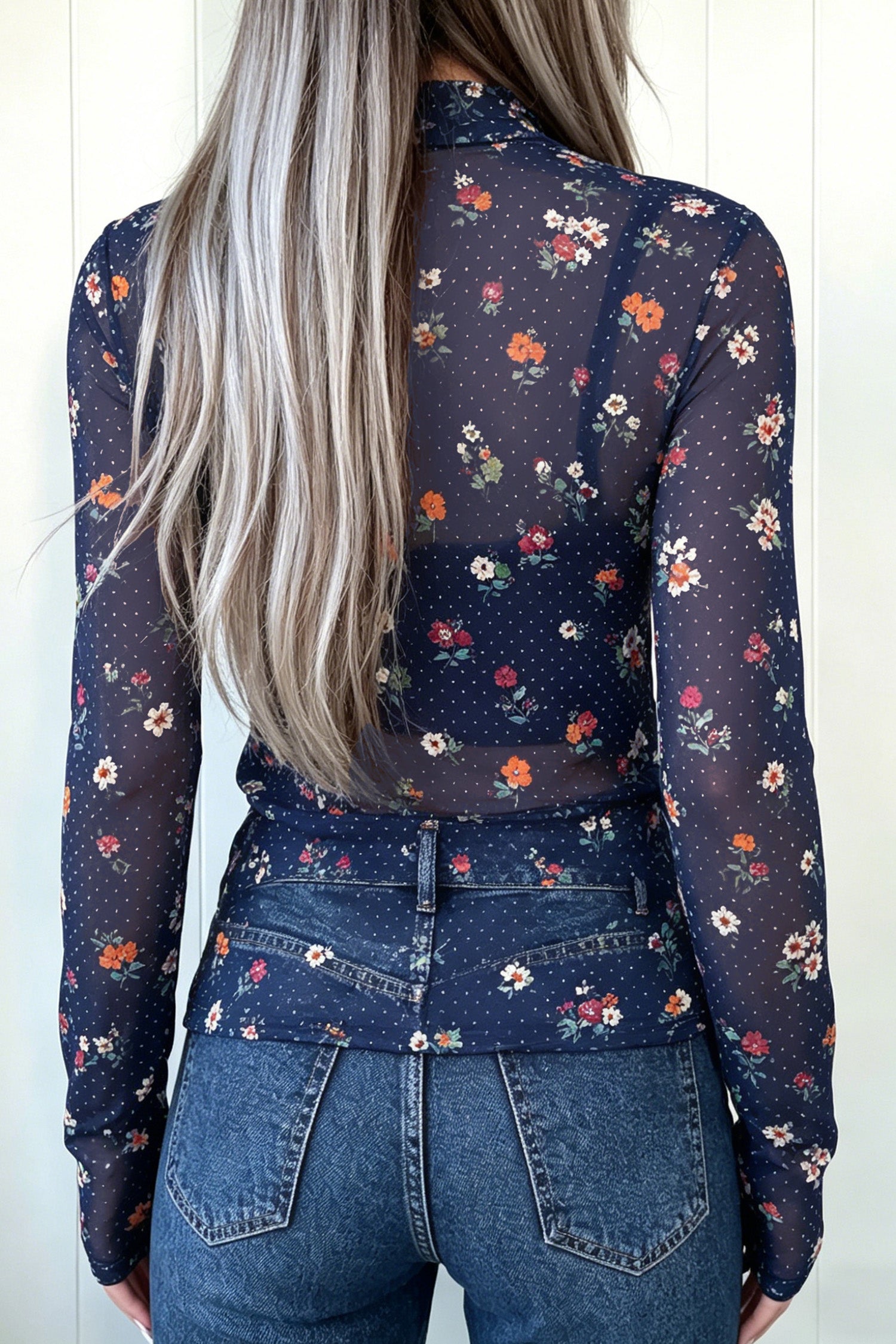 Polka Dot Floral Mesh Long Sleeve High Neck Pullover Sheath Top – Blue