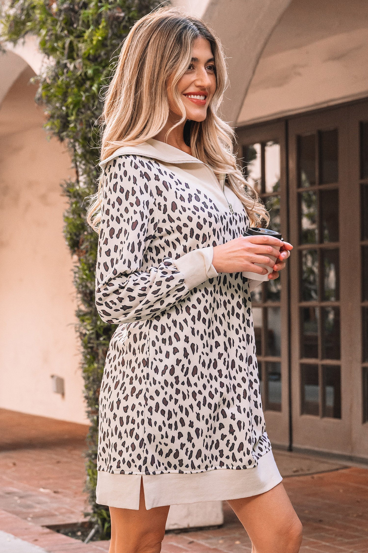 Leopard Print Zip up Collar Patchwork Shift Mini Dress - eAura