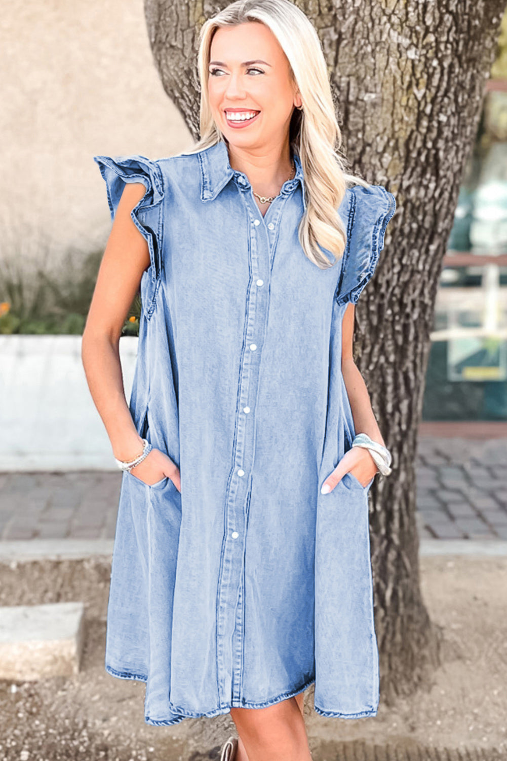 Beau Blue Double Ruffled Sleeves Buttoned A-line Collared Mini Denim Dress eAura
