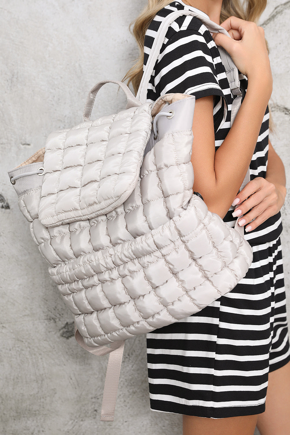 Dusk Blue Solid Flapped Quilted Puffer Backpack