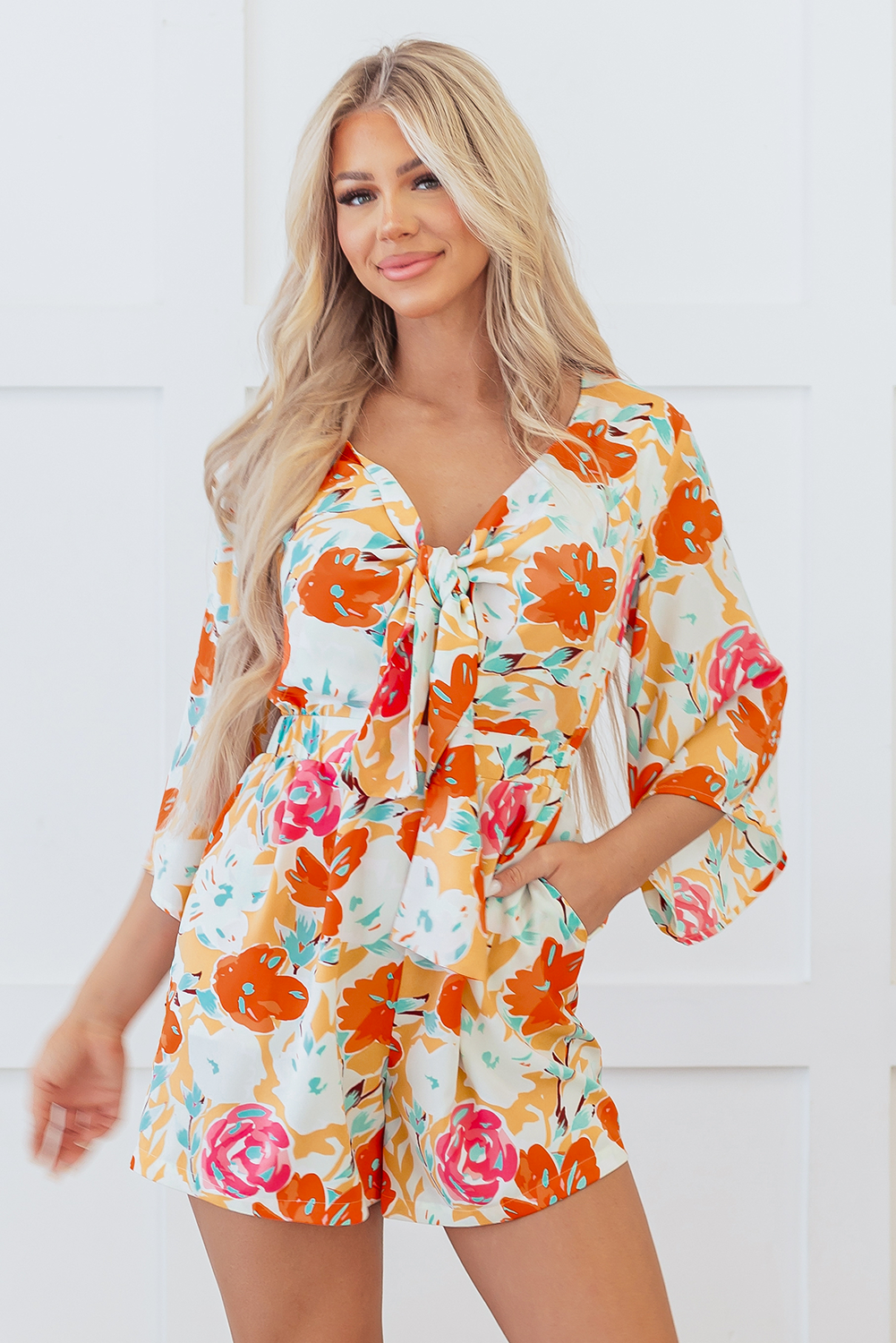 Orange Blooming Floral Print Front Tie Romper Beagle Boutique Fashion Outlet