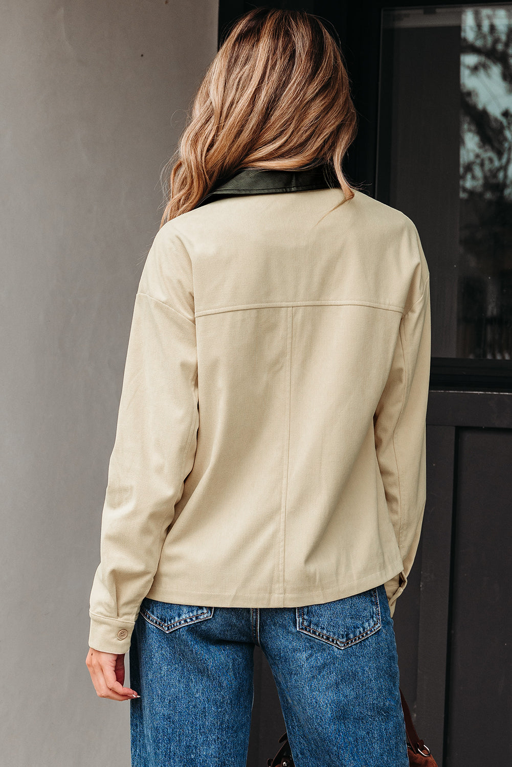Contrast Faux Leather Collar Textured Zip-Up Jacket - eAura