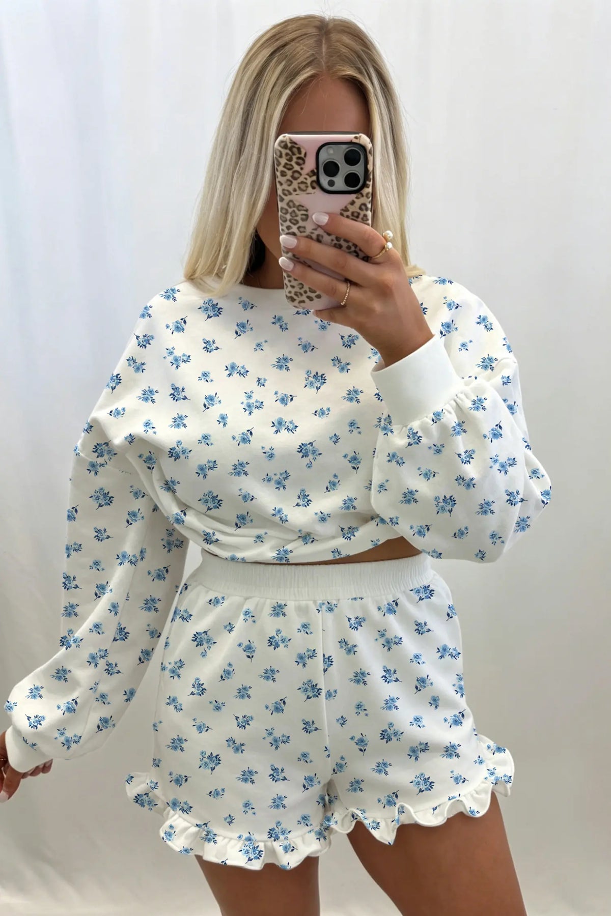 Floral Print Long Sleeve Top Elastic Waist Ruffle Hem Shorts 2pcs Set – Sky Blue
