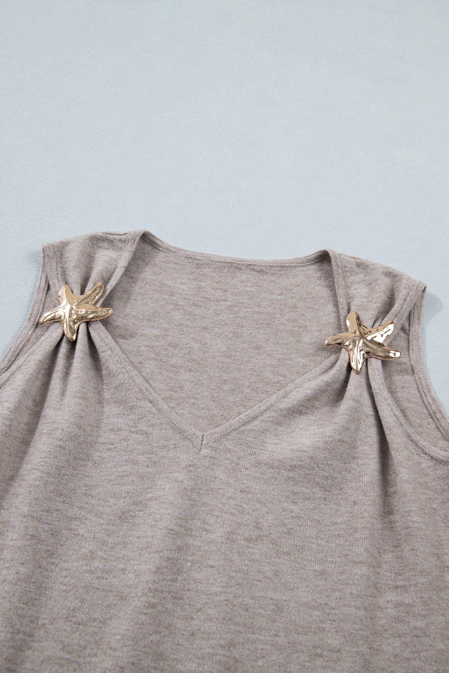 Taupe Metallic Star Detail V-Neck Sweater Knit Tank Top