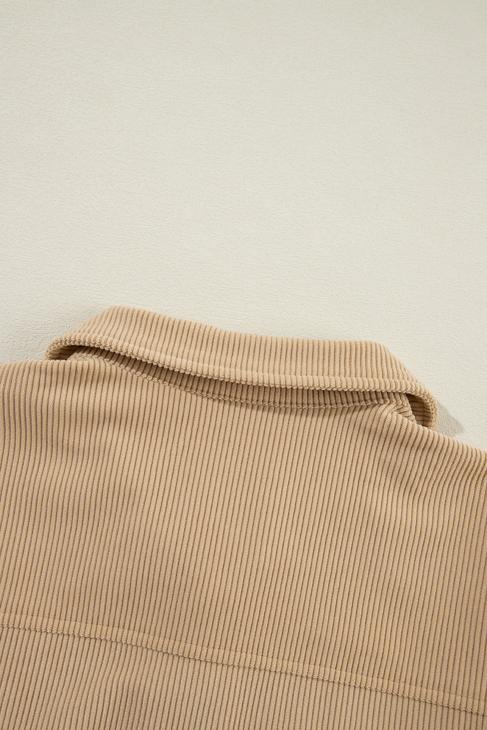 Light French Beige Solid Frilled Flap Pocket Button Up Corduroy Shacket Beagle Boutique Fashion Outlet