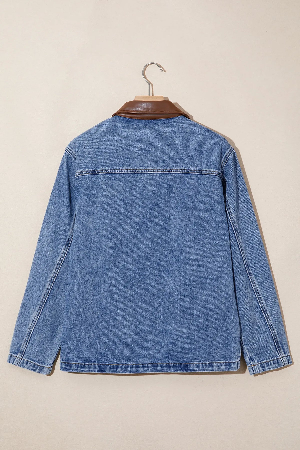 Sky Blue Patchwork Leather Collar Long Sleeve Denim Jacket – Light Blue
