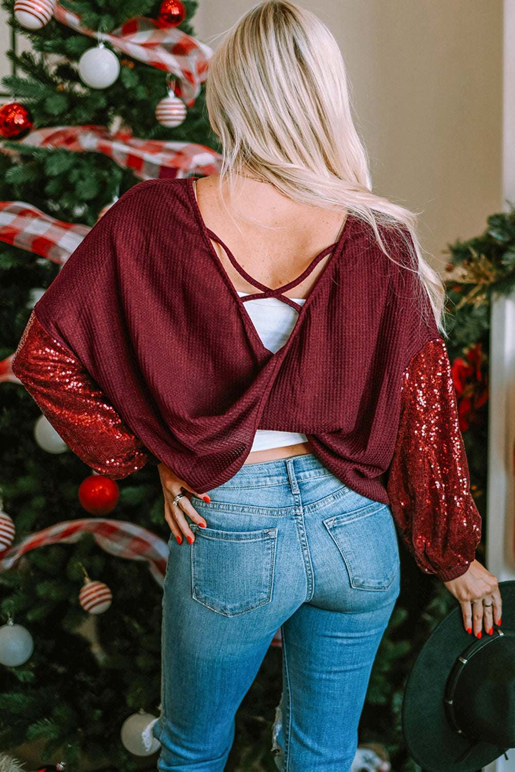 Black Sequin Patchwork Sleeve Open Back Waffle Knit Top eAura