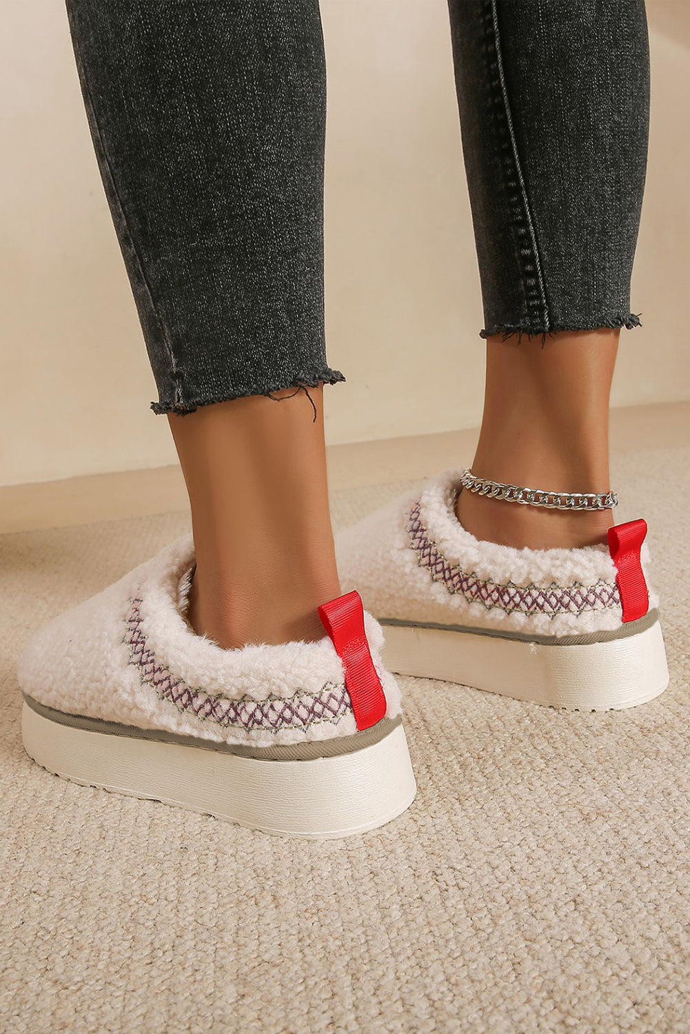 White Embroidered Sherpa Plush Thick Sole Winter Slippers - eAura
