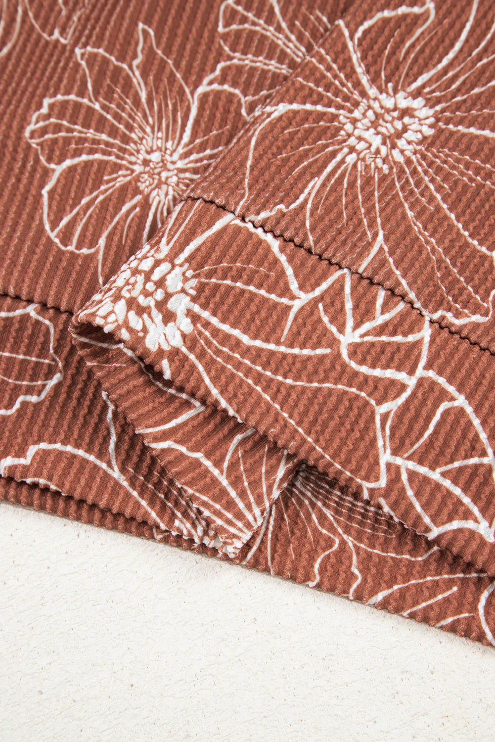 Brown Floral Rib Drawstring Kangaroo Pocket Hoodie - eAura