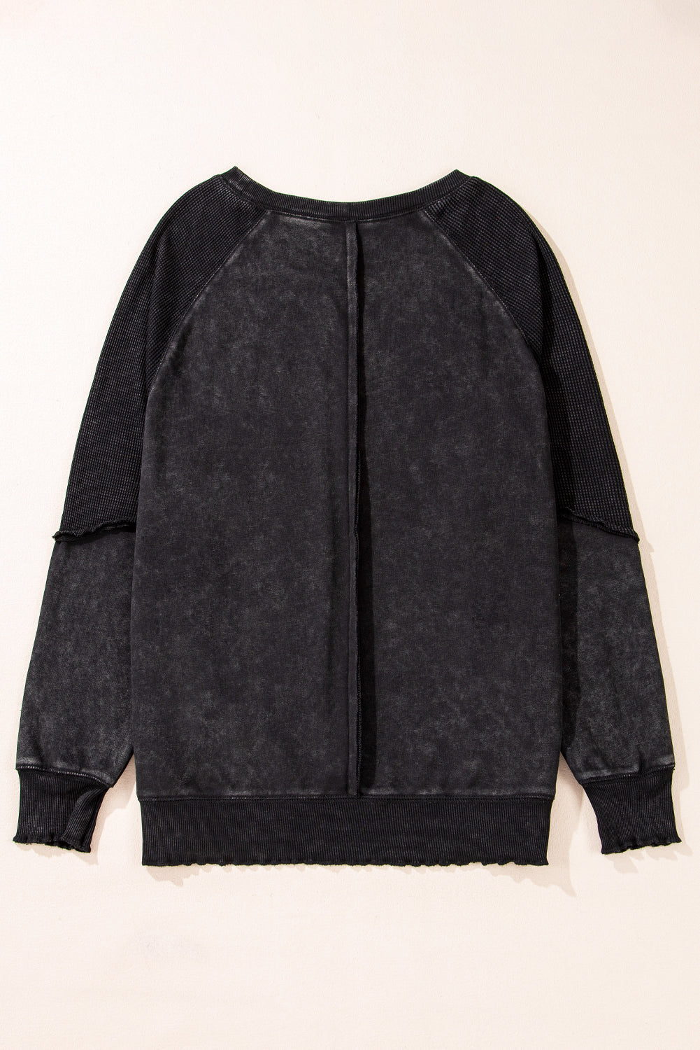 Black Solid Waffle Knit Patchwork Raglan Sleeve Sweatshirt Dear-Lover Dropshipping