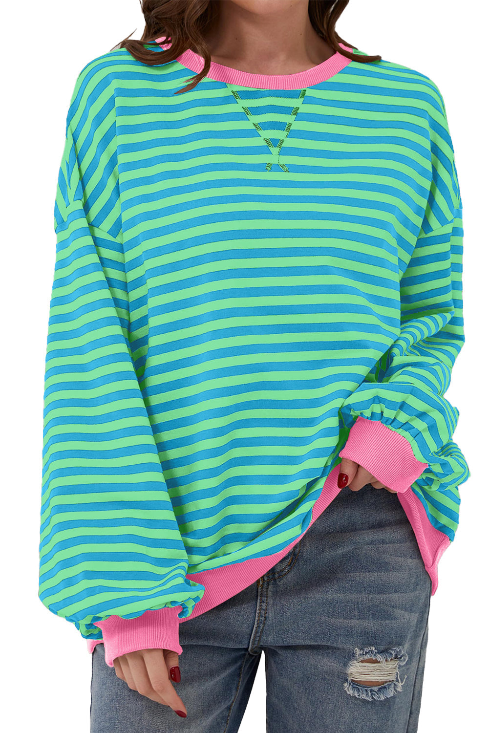 Sky Blue Stripe Oversized Contrast Trim Pullover Sweatshirt BB Fashion Outlet