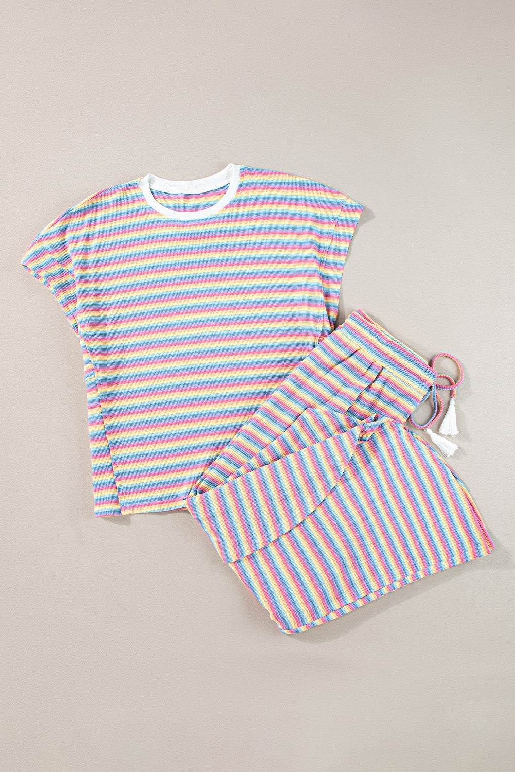 Pink Stripe Rainbow Tee Tasseled String Wide Leg Trousers Co-ord eAura