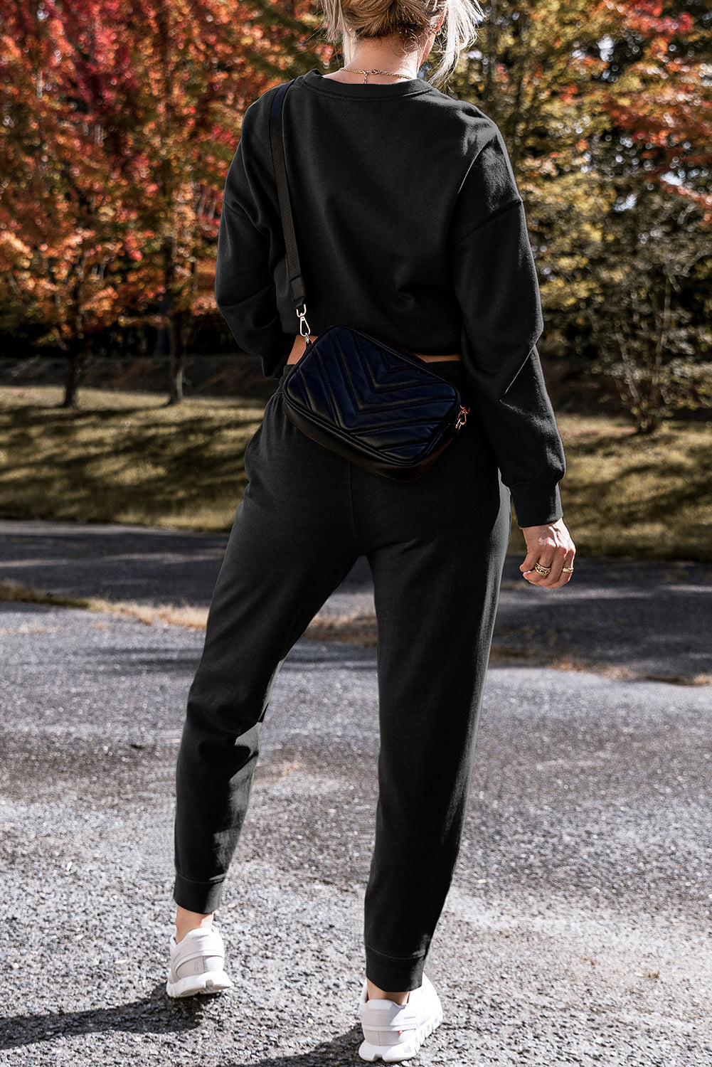 Black Solid Colour High Low Pullover and Skinny Trousers Set eAura