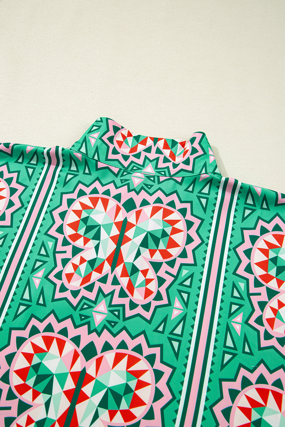 Green Boho Abstract Print Contrast Striped Collared V Neck Blouse BB Fashion Outlet