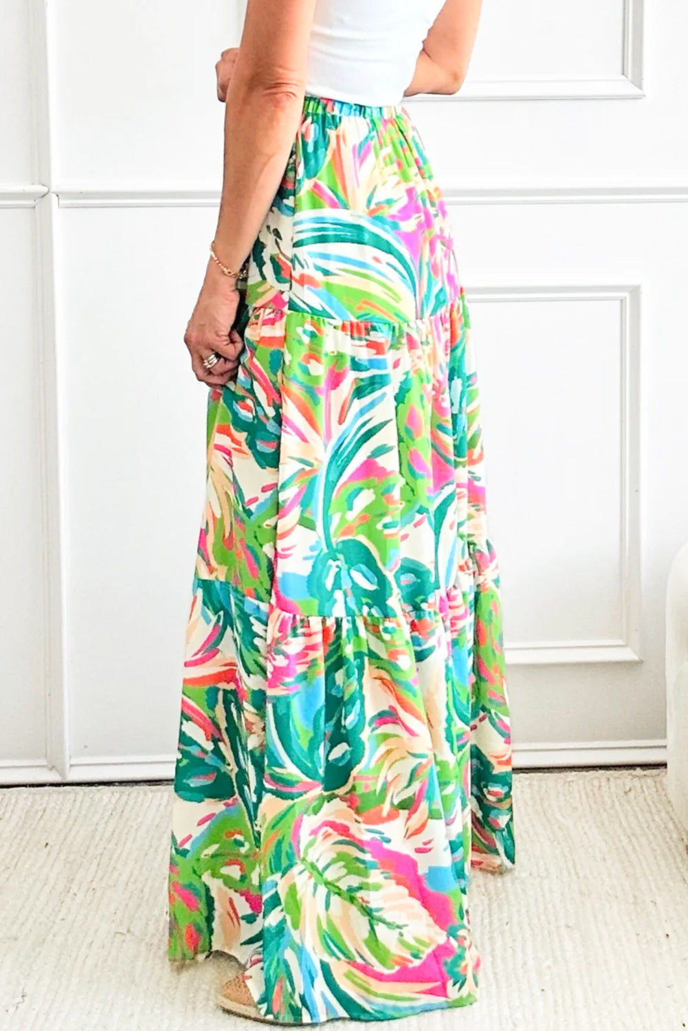 Green Abstract Printed High Waist Tiered Maxi Skirt Beagle Boutique Fashion Outlet
