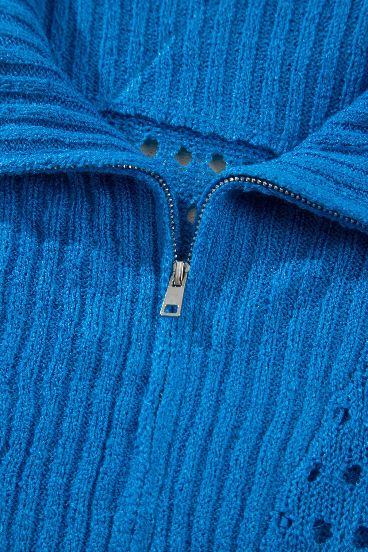 Sky Blue Solid Colour Hollowed Knit Short Sleeve Zipper Collar Knitwear Top – Light Blue