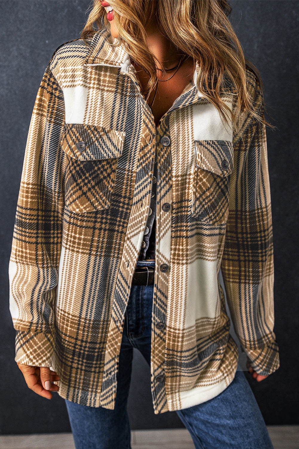 Multicolour Plaid Print Flap Pocket Button Up Shacket Beagle Boutique Fashion Outlet