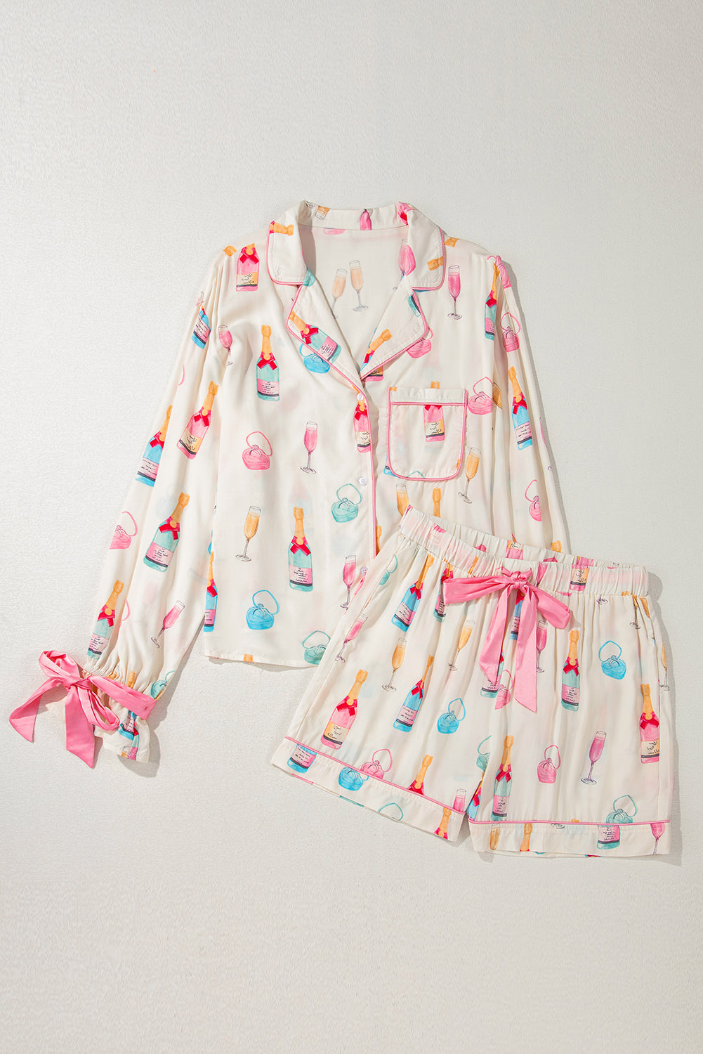 White Christmas Wine Glass Print Bow Knot Two Piece Pyjama Set - eAura