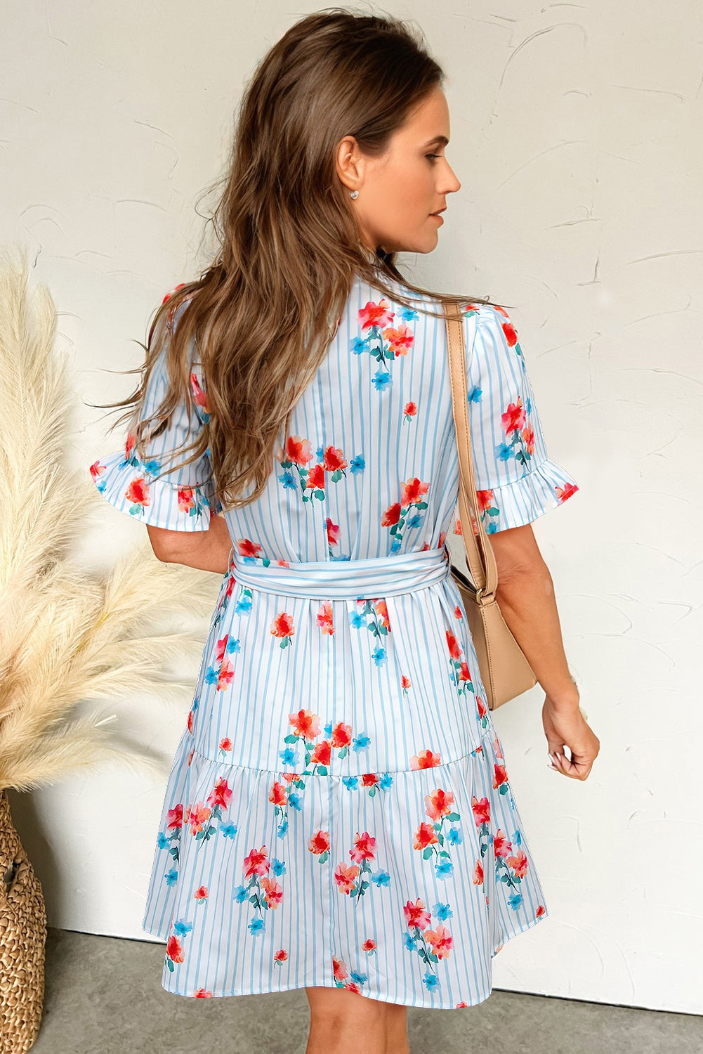 Sky Blue Stripe Floral Pattern Ruffle Short Sleeve Belted Mini Dress eAura