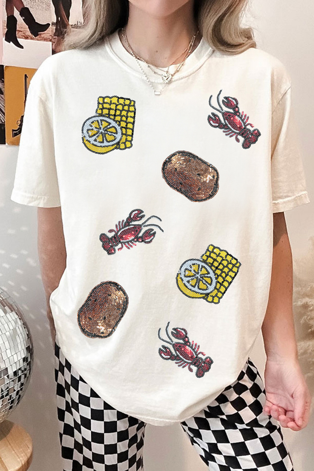 White Sequin Crawfish Potato Lemon Corn Graphic Crewneck T Shirt eAura