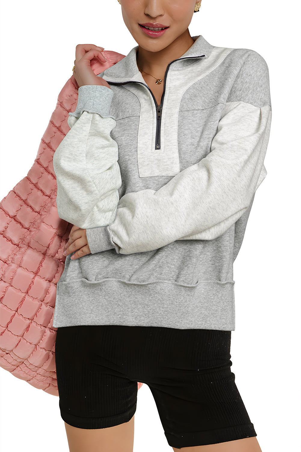Grey Half Zipper Collared Drop Shoulder Side Slits Sweatshirt eAura