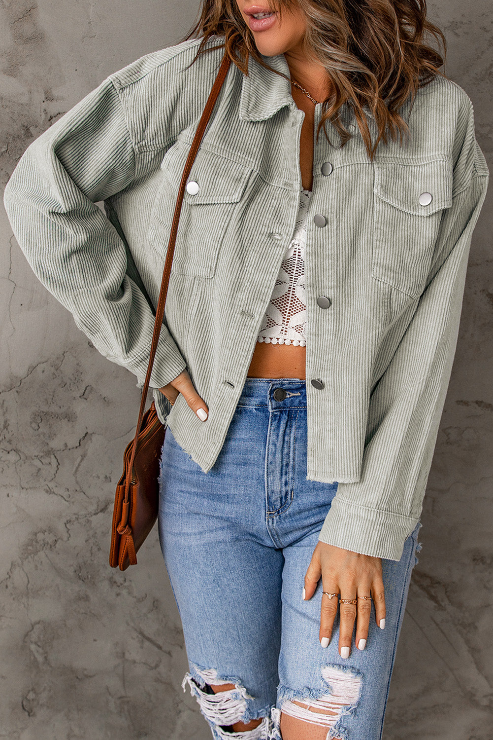 Sky Blue Raw Hem Flap Pockets Cropped Corduroy Jacket BB Fashion Outlet