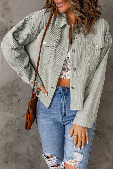 Sky Blue Raw Hem Flap Pockets Cropped Corduroy Jacket BB Fashion Outlet