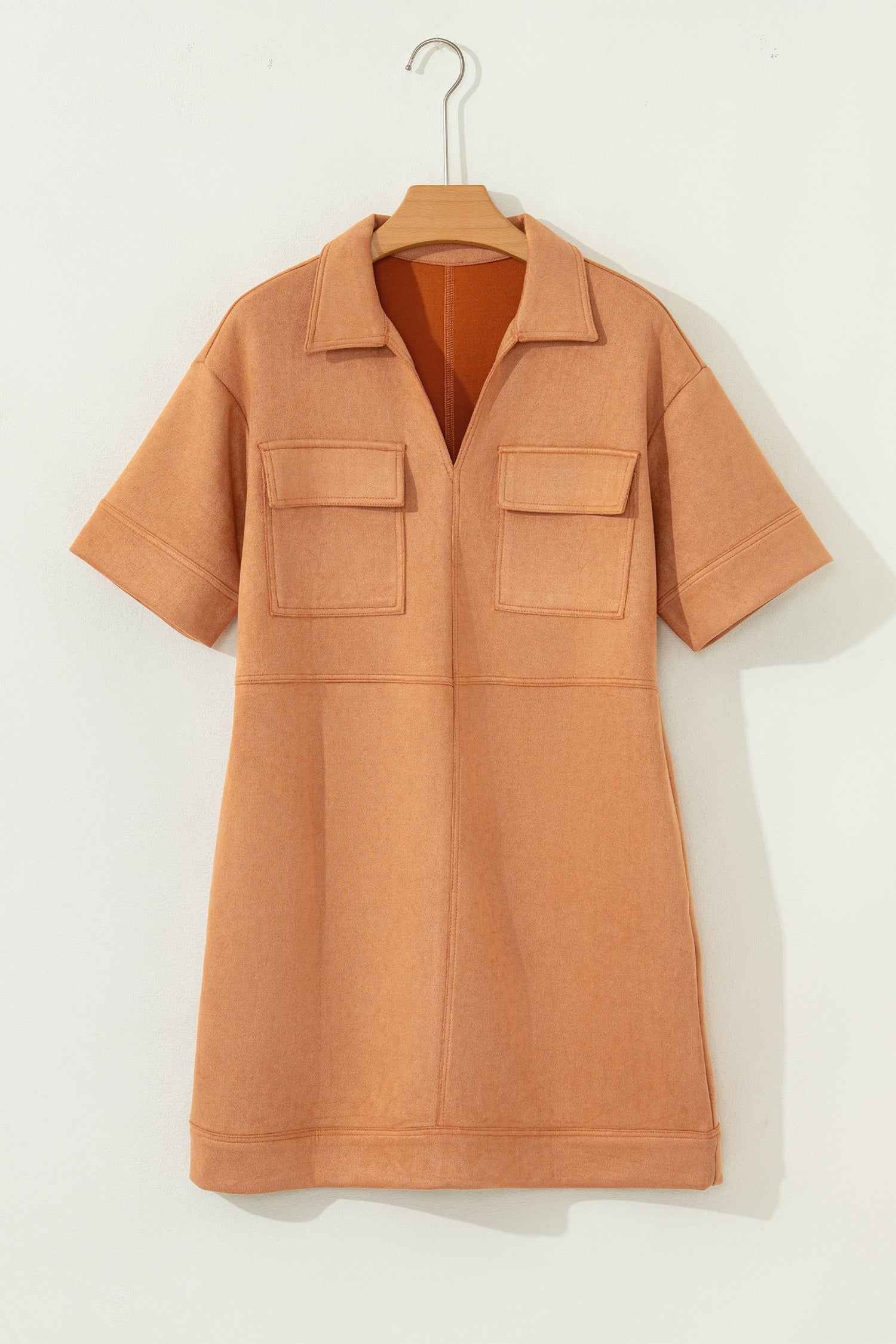 Collared V-Neck Faux Suede Short Sleeve Shift Mini Dress - eAura