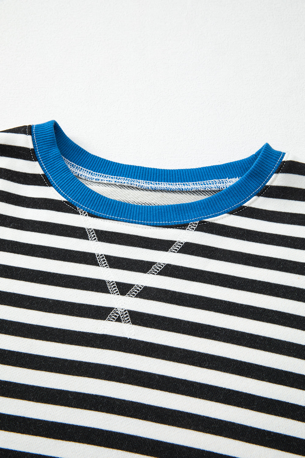 Striped Contrast Ribbed Trim Crossed Stitch Drop Shoulder Sweatshirt - eAura