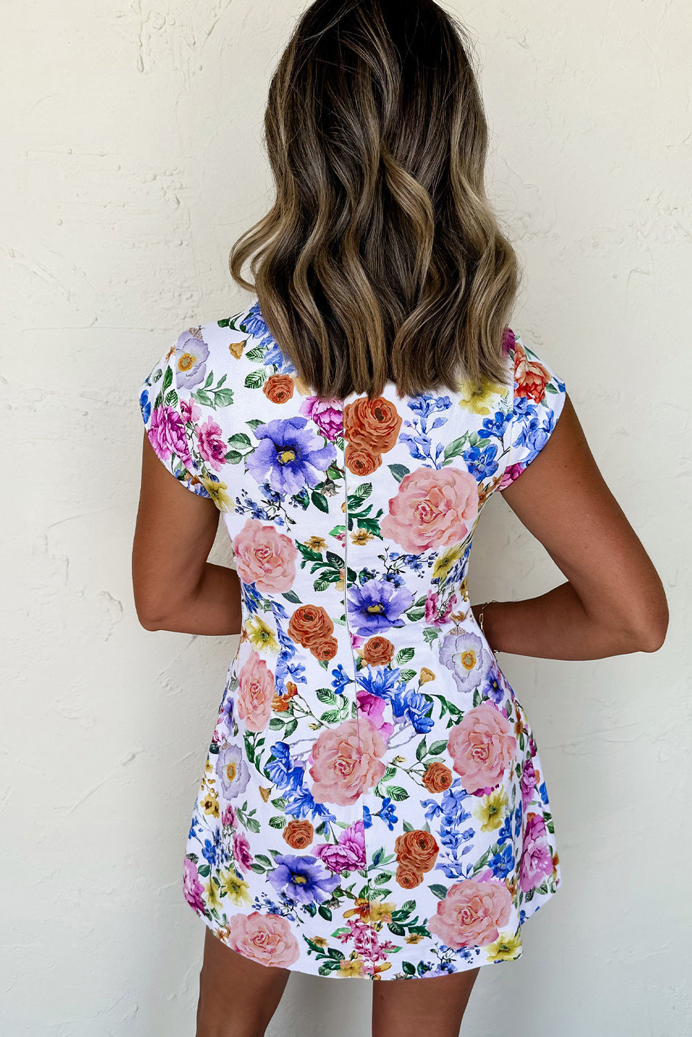 Sky Blue Vibrant Floral Print Cap Sleeve Mini Dress eAura