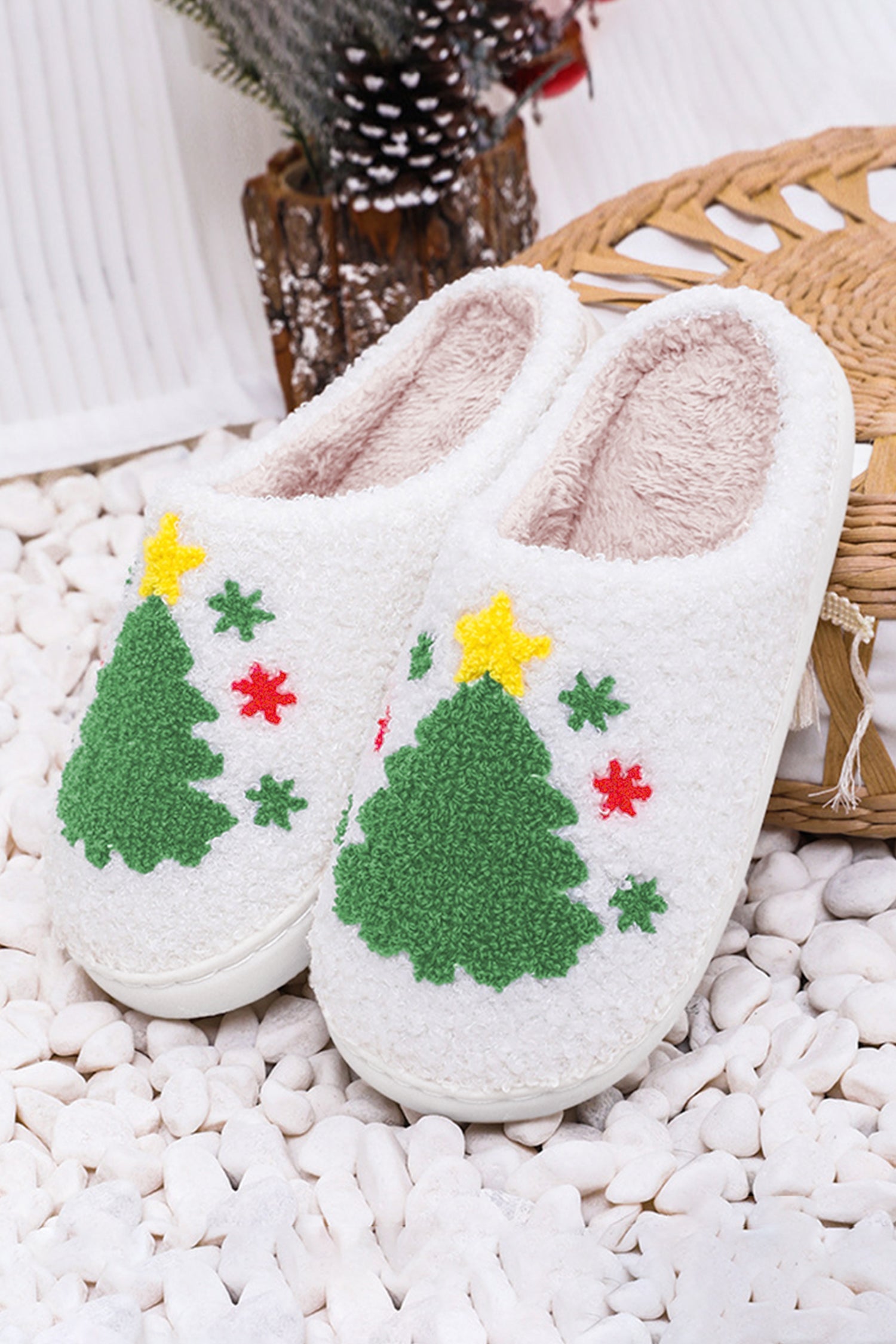 White Fuzzy Christmas Tree Pattern Home Slippers - eAura