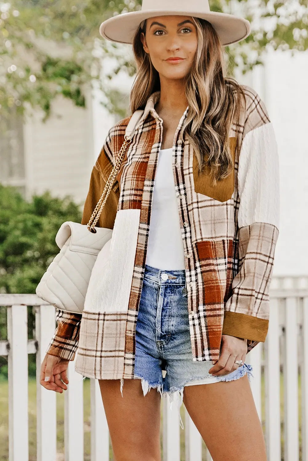 Orange Plaid Colour Block Patchwork Shirt Jacket with Pocket