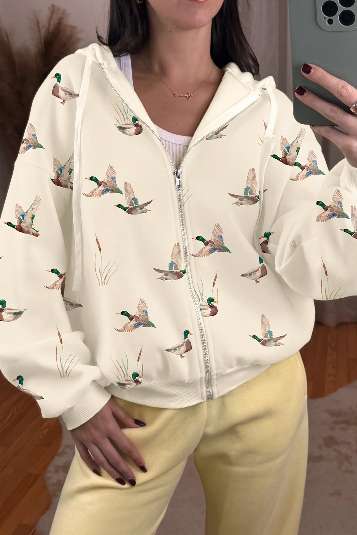 Beige duck print long sleeve zip-up hoodie
