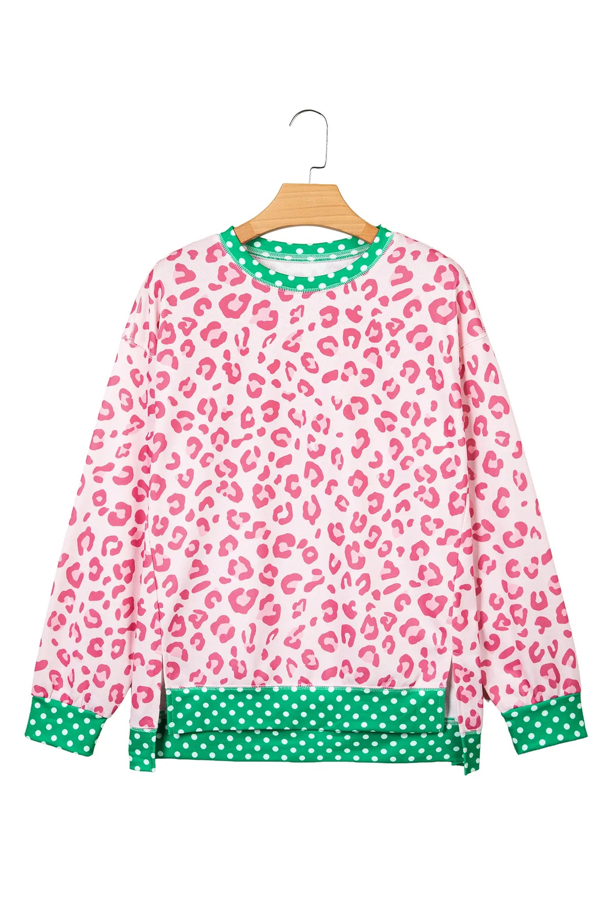 Leopard Polka Dot Colourblock Trim Long Sleeve Top – Khaki