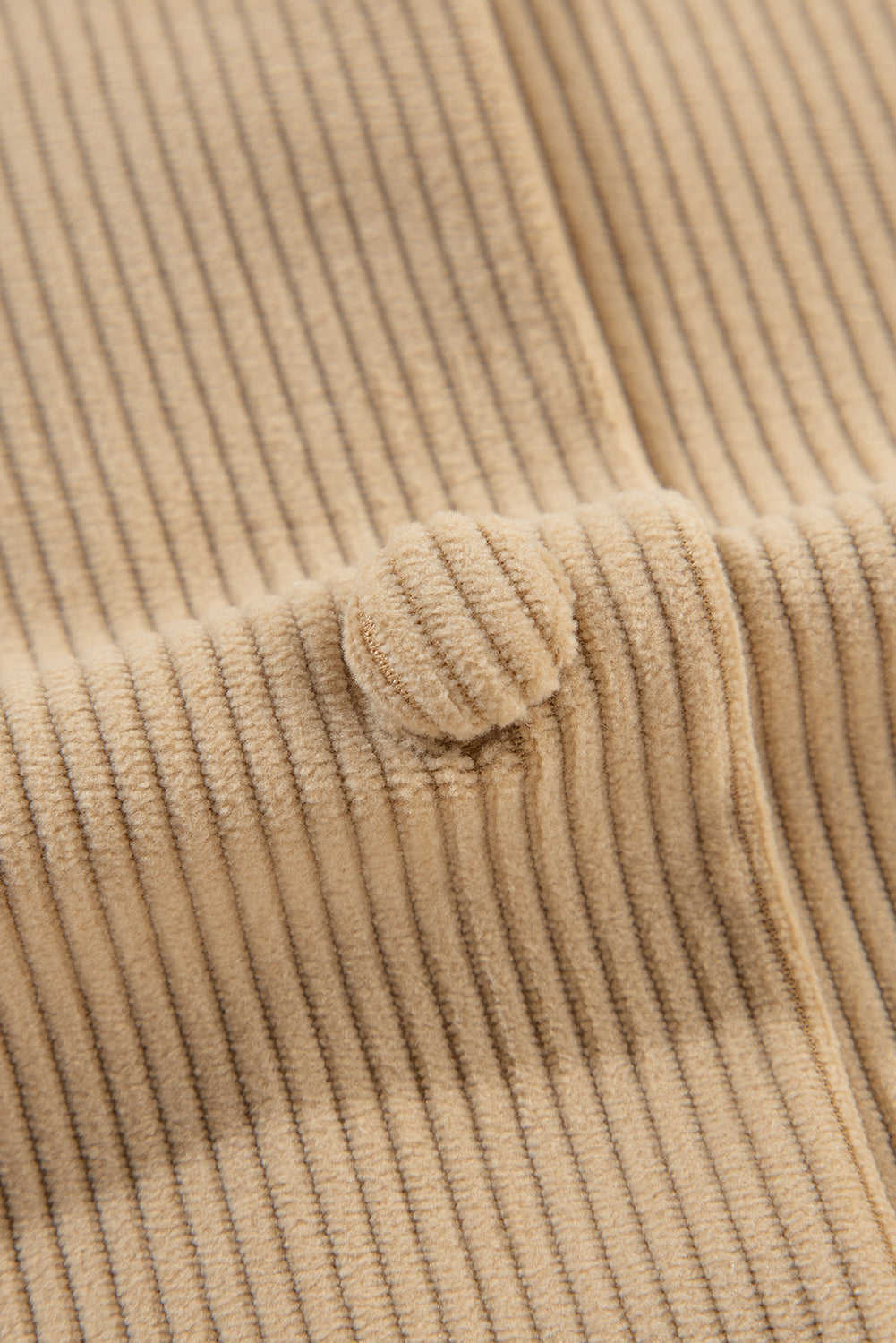 Light French Beige Solid Frilled Flap Pocket Button Up Corduroy Shacket Beagle Boutique Fashion Outlet