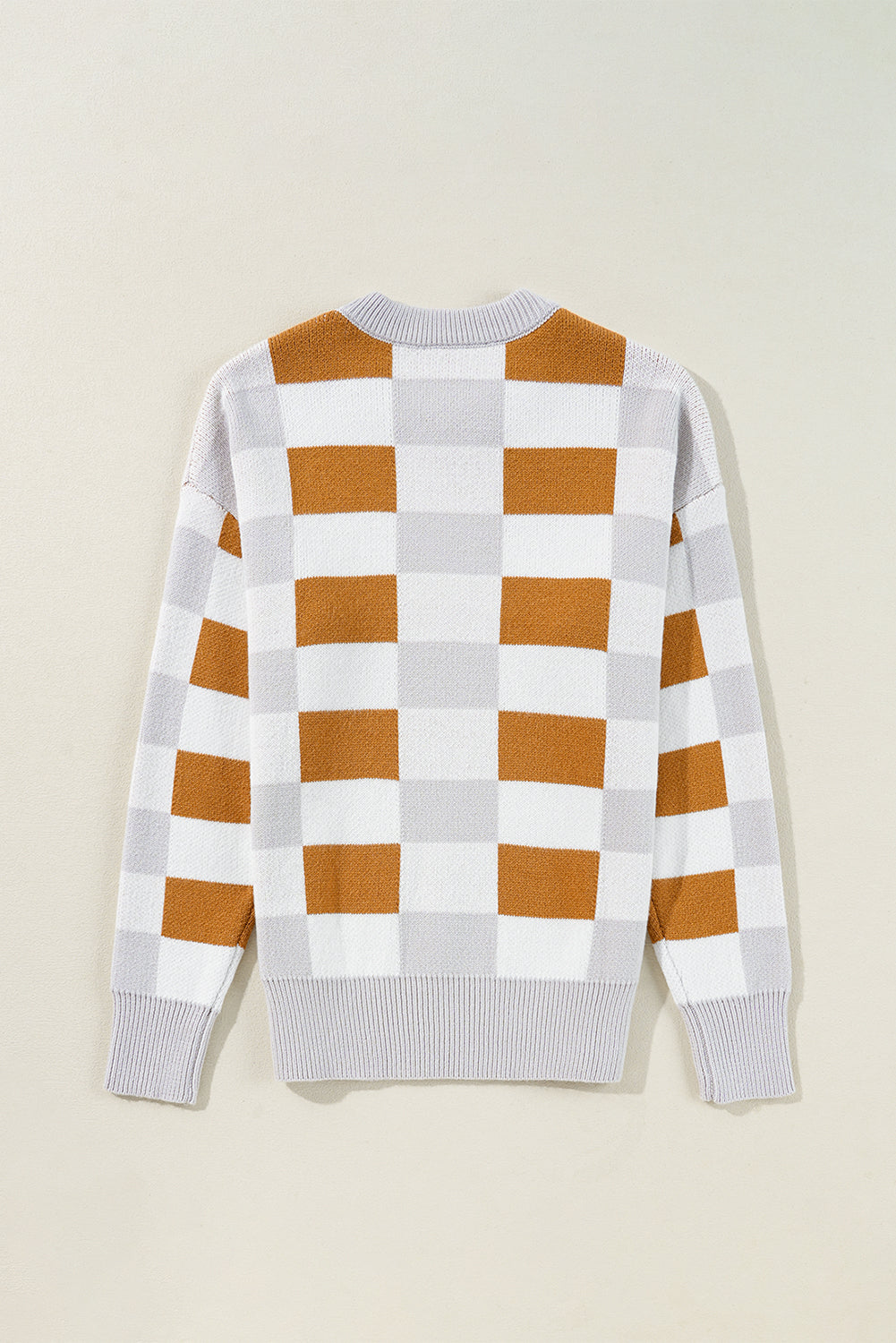 Khaki Checkered Ribbed Edge O Neck Drop Shoulder Sweater eAura