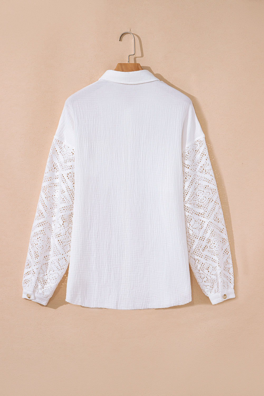 White Cotton Gauze Lace Patchwork Long Sleeve Shirt - eAura