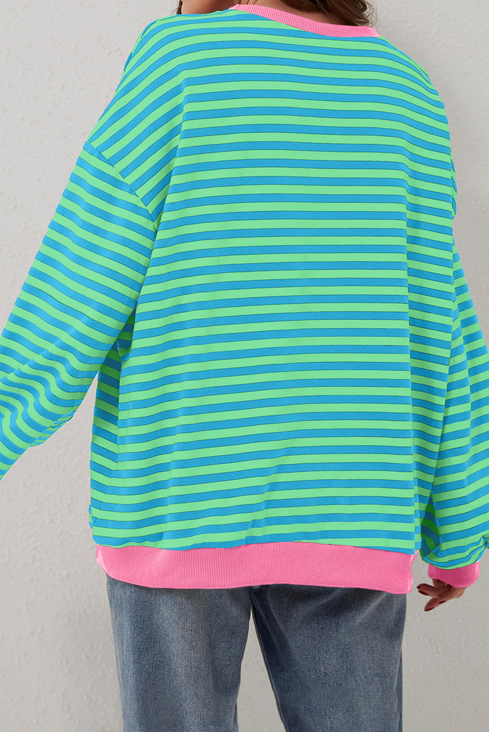 Sky Blue Stripe Oversized Contrast Trim Pullover Sweatshirt BB Fashion Outlet