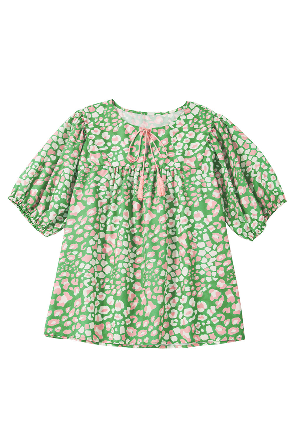 Green Plus Size Floral Tassel Tie Split Neck Puff Sleeve Blouse BB Fashion Outlet