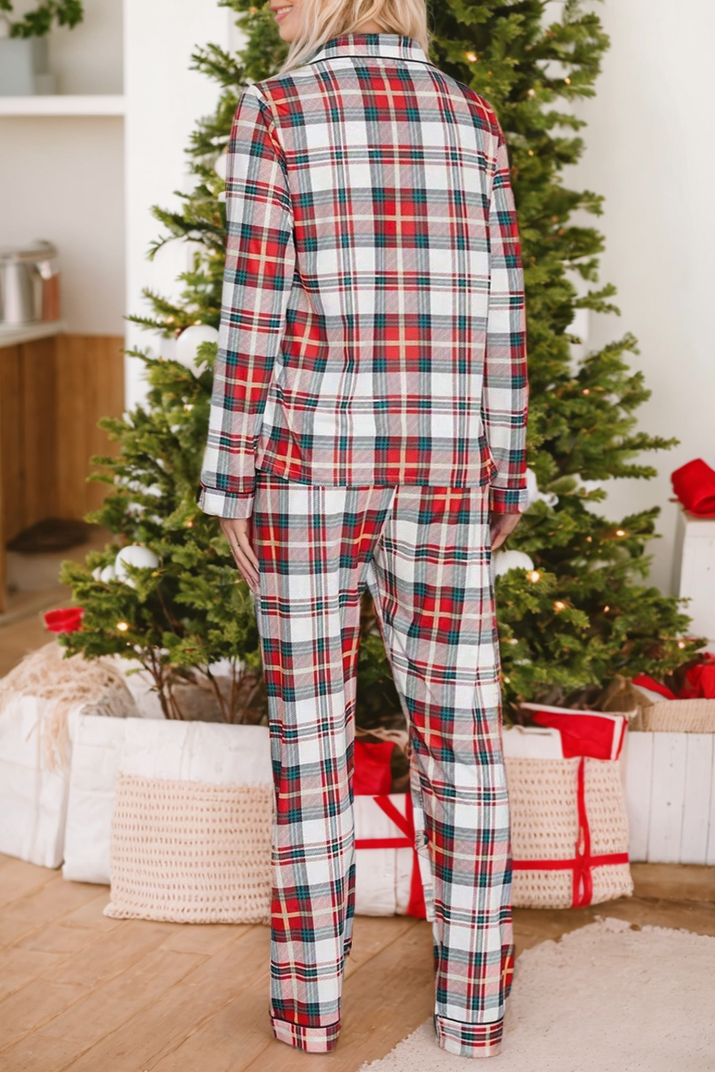 Red Christmas Plaid Print Two Piece Long-Sleeve Pyjama Set eAura